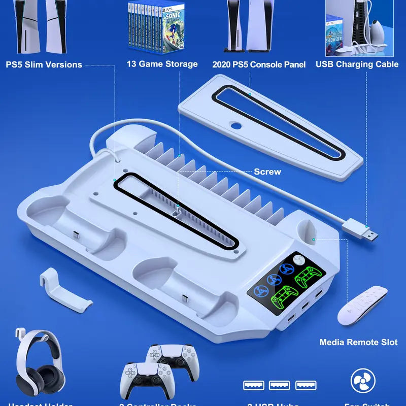 Multifunctional PS5 Slim Stand - Cooling Station, Controller Charging Station, Headset Holder, 13 Game Slots for Slim/Pro/Disc&Digital Consoles | Gaming Accessories, Ps5 Controller