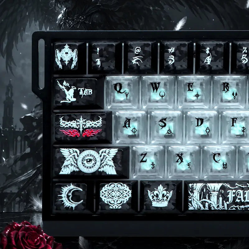 Fallen Angels Series Dark Angel Fiber Texture Keycap Set, PC Translucent Black-White 2-Tone Aesthetic Design, Mechanical Keyboard Accessory, Keycaps Only, Keycap Design