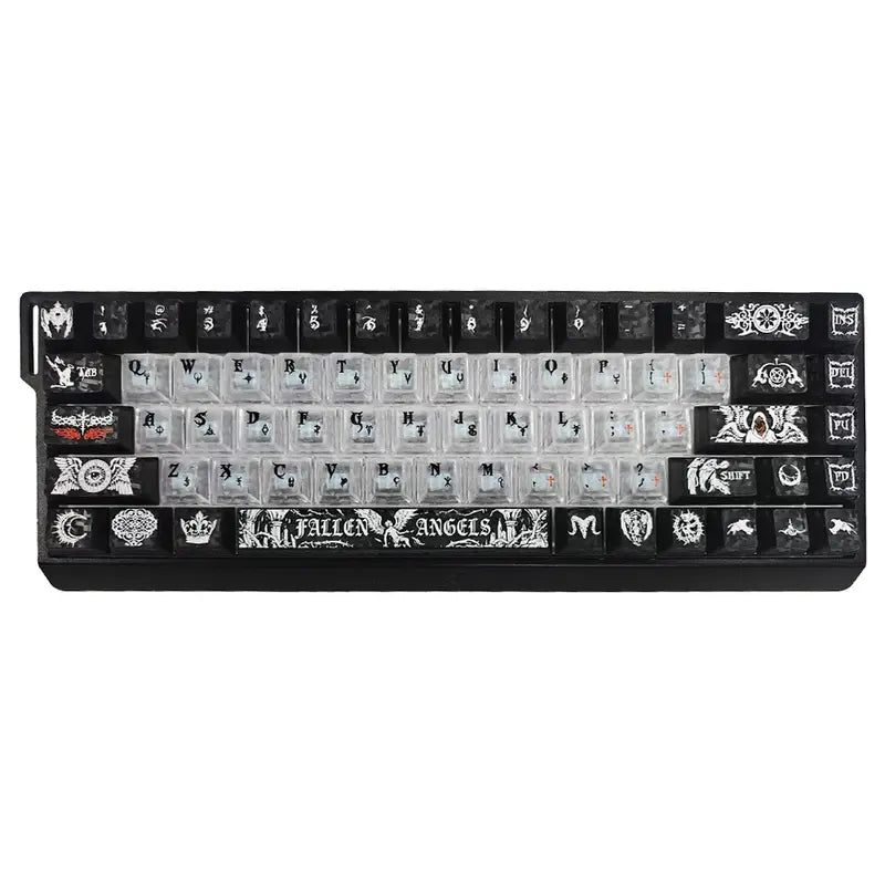 Fallen Angels Series Dark Angel Fiber Texture Keycap Set, PC Translucent Black-White 2-Tone Aesthetic Design, Mechanical Keyboard Accessory, Keycaps Only, Keycap Design