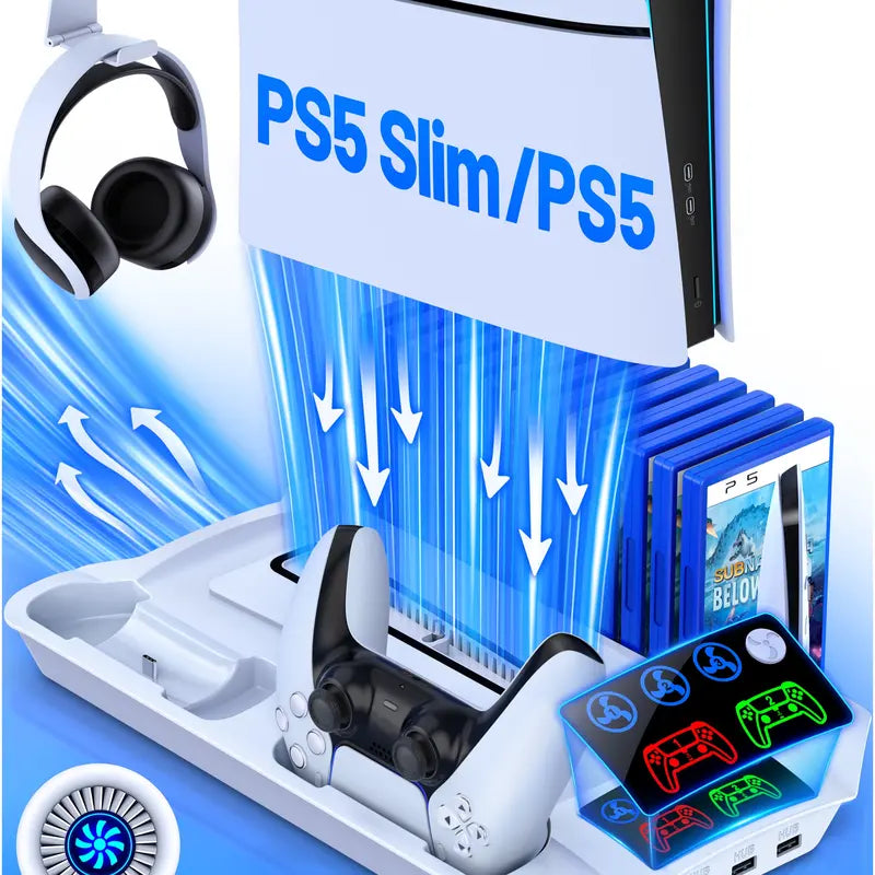 Multifunctional PS5 Slim Stand - Cooling Station, Controller Charging Station, Headset Holder, 13 Game Slots for Slim/Pro/Disc&Digital Consoles | Gaming Accessories, Ps5 Controller