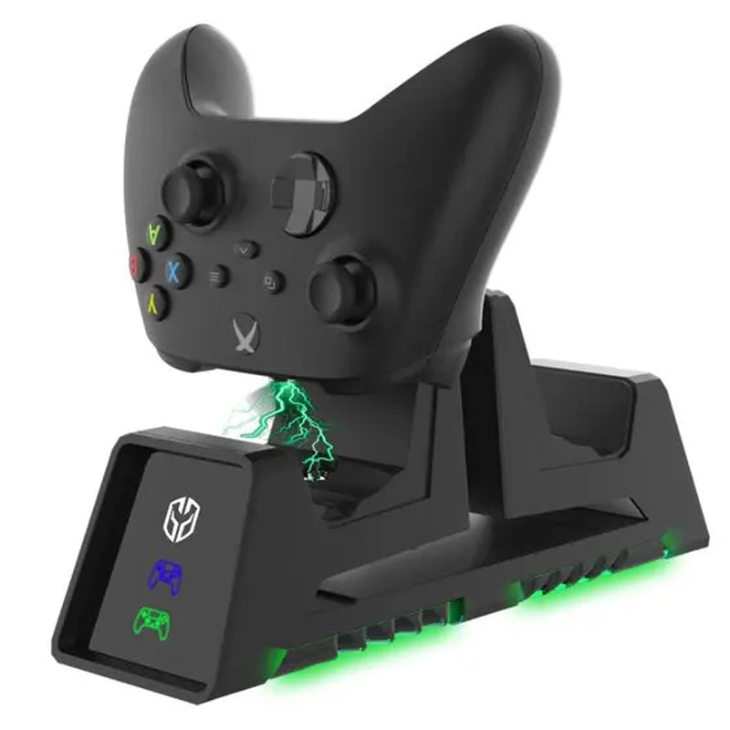 Ghost Gear Dual Charging Stand & Headphone Holder - Wireless Magnetic Induction Accessories for Xbox Series X/1, PS5/4, Switch Pro Controllers, Includes Rechargeable Battery Pack & Console Cable