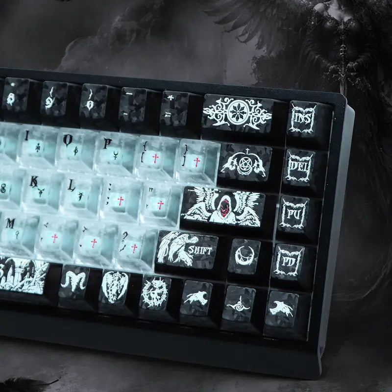 Fallen Angels Series Dark Angel Fiber Texture Keycap Set, PC Translucent Black-White 2-Tone Aesthetic Design, Mechanical Keyboard Accessory, Keycaps Only, Keycap Design
