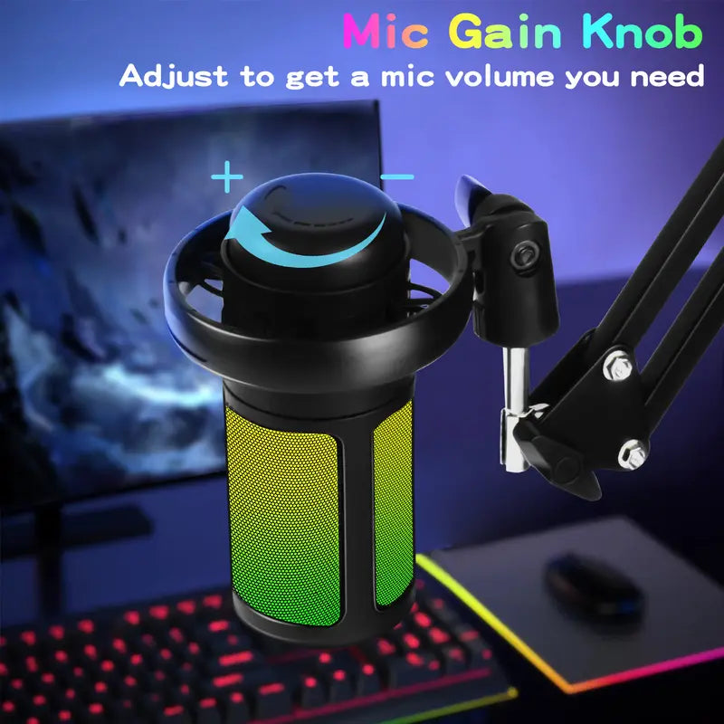 Kingsom USB Condenser Gaming Microphone Set - Adjustable Boom Arm, Pop Filter, Shock Mount, Gradient RGB Lighting, Quick Mute, Gain Control, High-Quality Audio, Noise Reduction, Cable for PC Gamers & Creators, Podcasting, Streaming