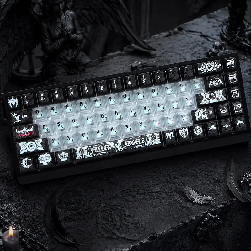 Fallen Angels Series Dark Angel Fiber Texture Keycap Set, PC Translucent Black-White 2-Tone Aesthetic Design, Mechanical Keyboard Accessory, Keycaps Only, Keycap Design