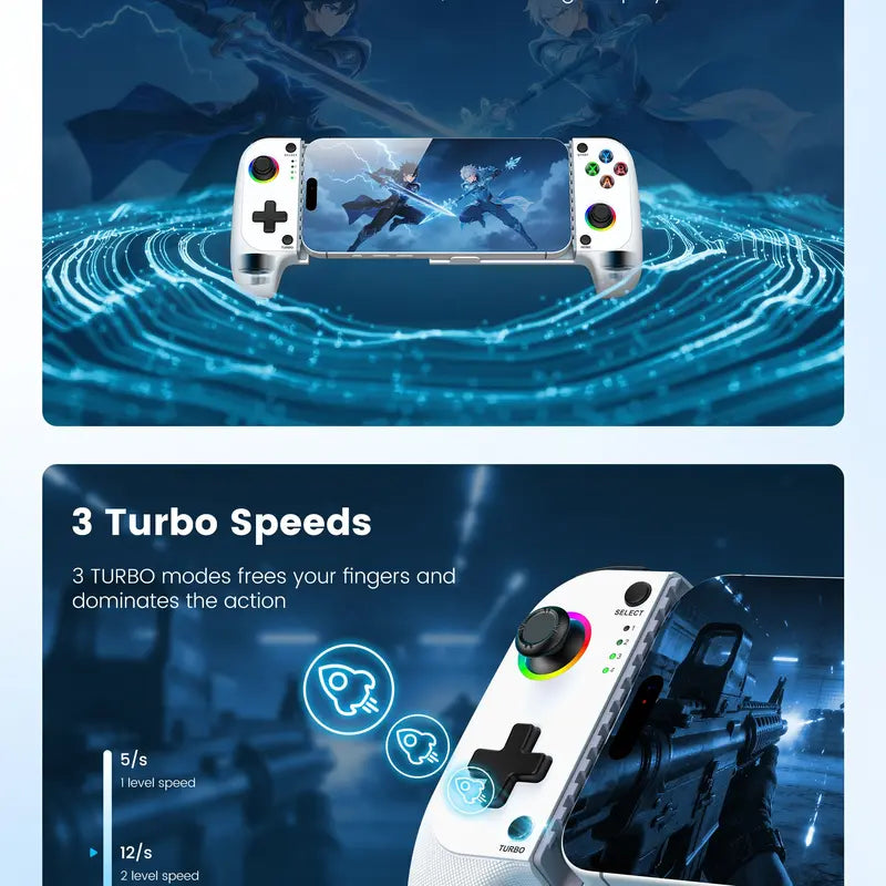 Adjustable Rechargeable Wireless Mobile Gaming Controller for Iphone/Android (100-175Mm) - Charging Game Peripheral with Phone Case Support, Hall Effect Joystick, Turbo, Low Latency Bluetooth, Customizable Design - Perfect Gift for Device Users