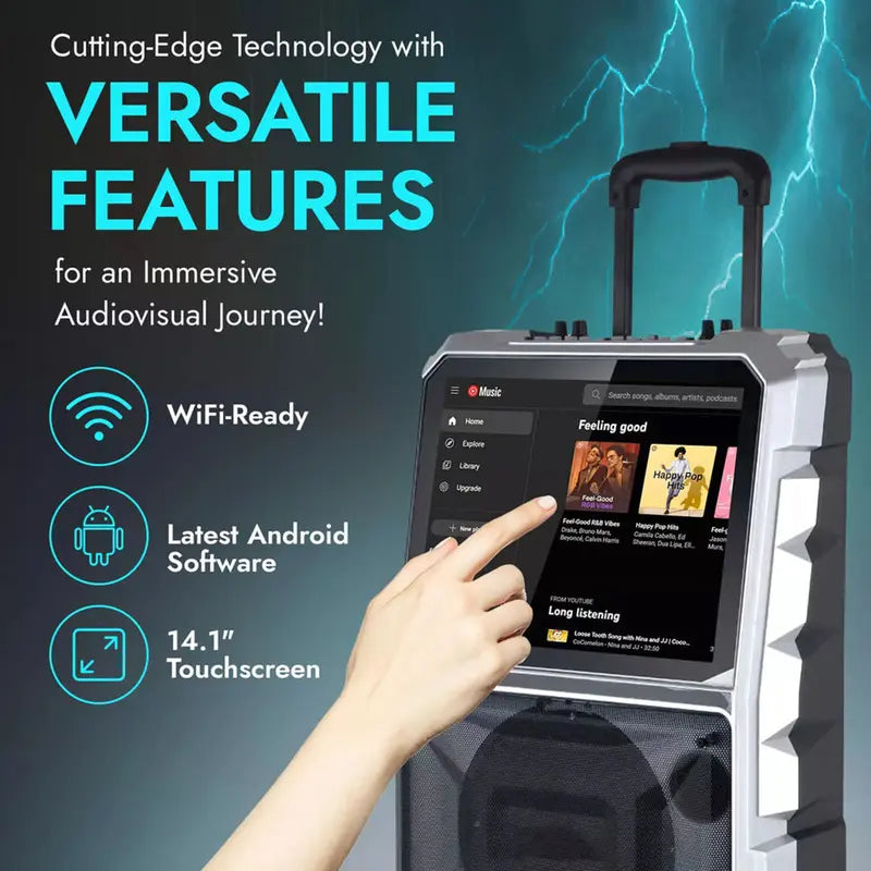 Portable Wi-Fi+Bt Loud Audio Speaker System - 8In Woofer, 2-Way Dual Channel, 100W Loud Output, 14.1In Touchscreen Android/Ios Tablet DJ Sound Box, Smartphone-Compatible Music Party LCD Speaker