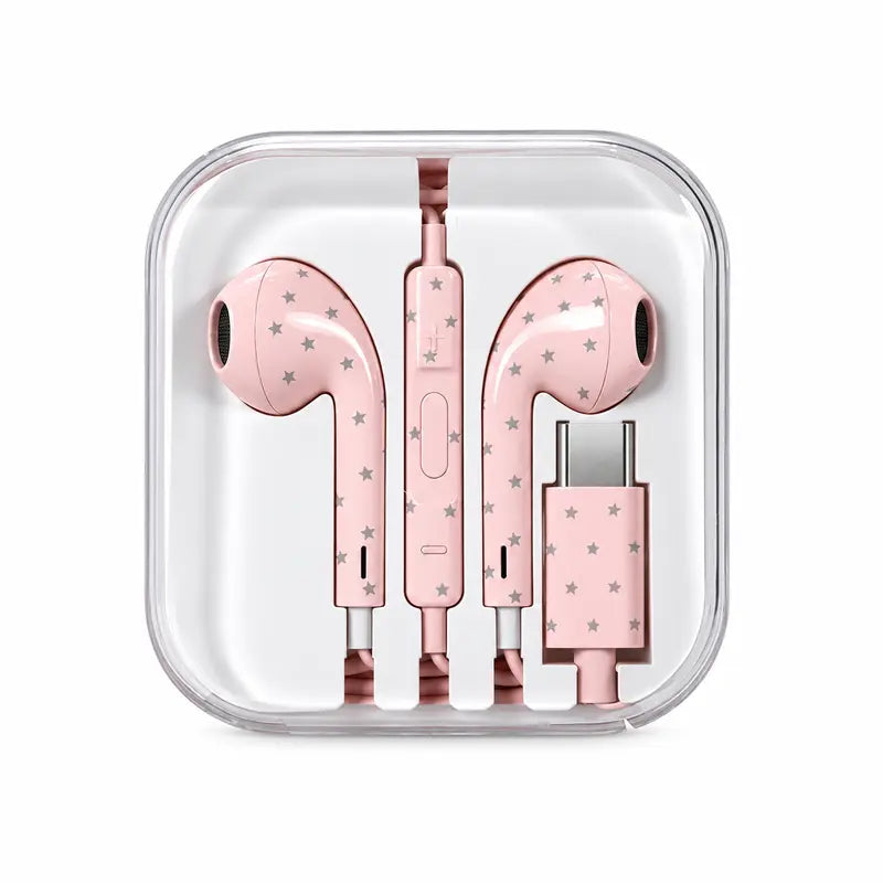 【Flash Sale】Star Pattern Wired Earbuds, USB-C In-Ear Headphones with Mic, Inline Remote & Volume Control, Cute Star Print Earphones for Women Teens Girls, Stylish Earbuds for Music, Calls, Gaming, Halloween & Christmas Gifts