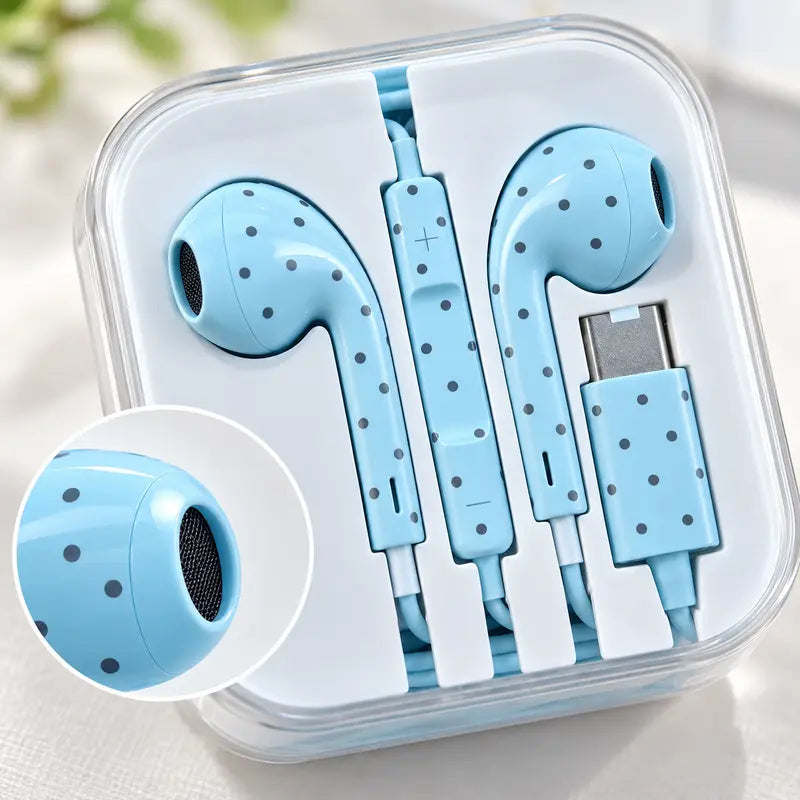 Star & Polka Dot USB-C Wired Earbuds, for Iphone 18 Pro Max, Iphone 18 Duo, Cute Semi-In-Ear Headphones with Microphone & Portable Metal Storage Case, Heavy Bass Earphones with Girly Aesthetic Design for Music, Calls, Gaming & Everyday Use