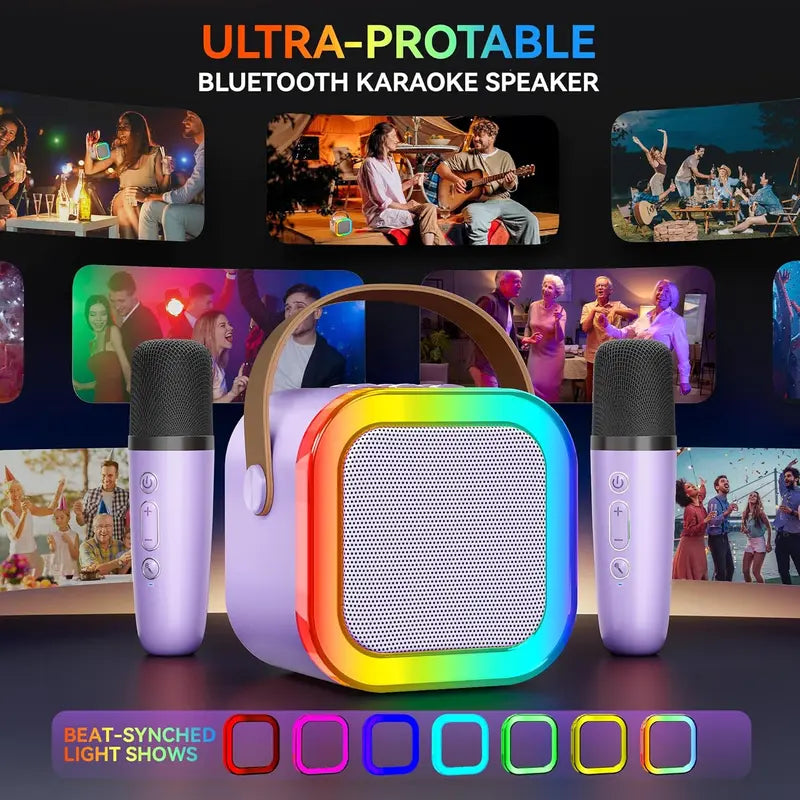 Portable Mini Karaoke Machine with 2 Wireless Microphones, Rechargeable Bluetooth Speaker with LED Lights, Portable Karaoke System for Family Gatherings, Birthday Party, Kids Gift Ages 3-14