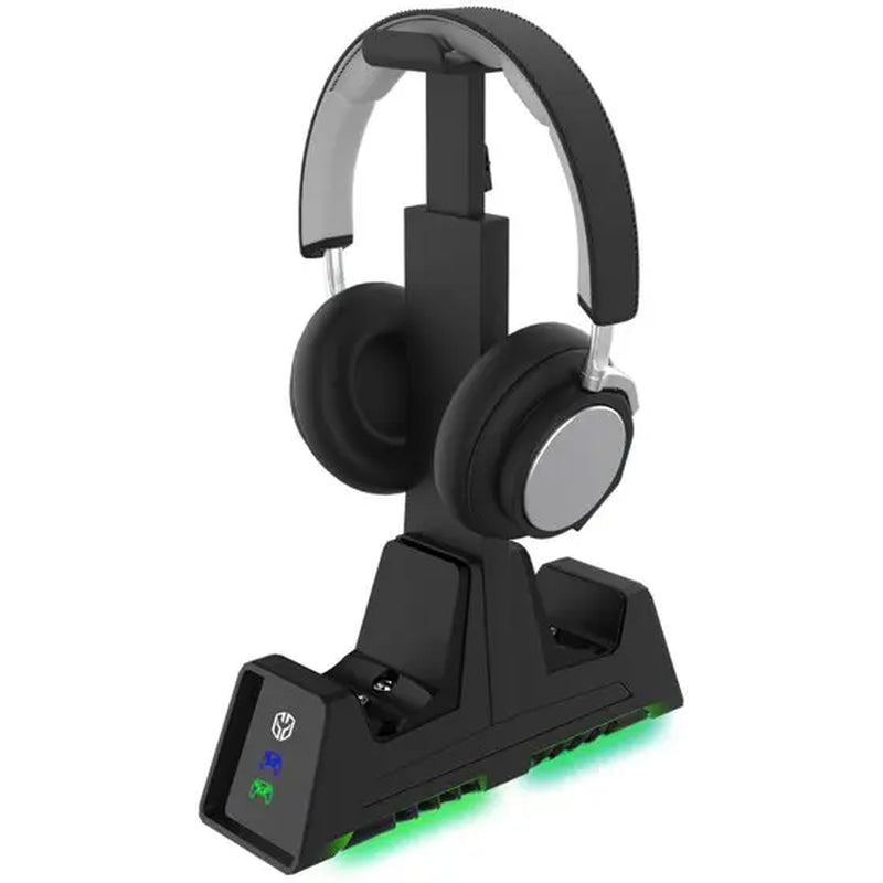 Ghost Gear Dual Charging Stand & Headphone Holder - Wireless Magnetic Induction Accessories for Xbox Series X/1, PS5/4, Switch Pro Controllers, Includes Rechargeable Battery Pack & Console Cable