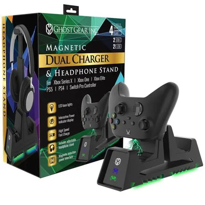 Ghost Gear Dual Charging Stand & Headphone Holder - Wireless Magnetic Induction Accessories for Xbox Series X/1, PS5/4, Switch Pro Controllers, Includes Rechargeable Battery Pack & Console Cable