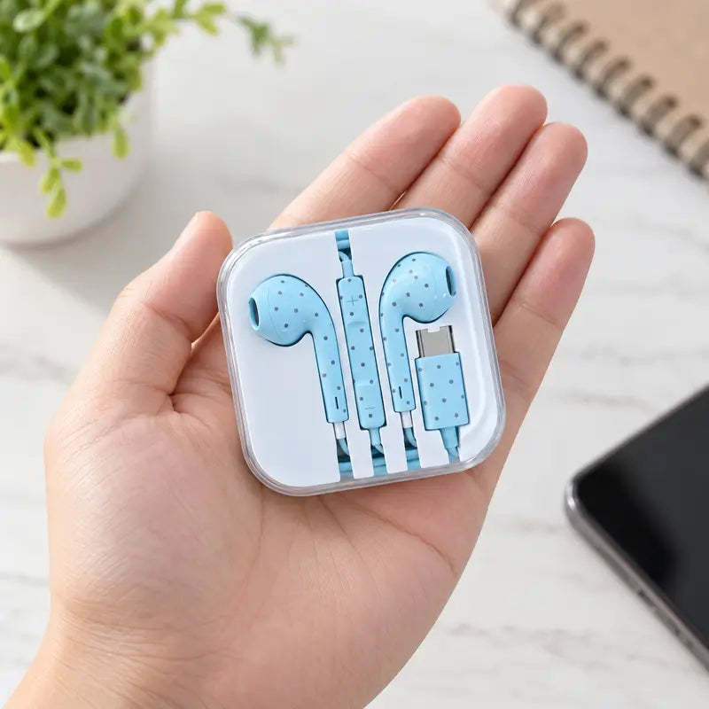 Star & Polka Dot USB-C Wired Earbuds, for Iphone 18 Pro Max, Iphone 18 Duo, Cute Semi-In-Ear Headphones with Microphone & Portable Metal Storage Case, Heavy Bass Earphones with Girly Aesthetic Design for Music, Calls, Gaming & Everyday Use