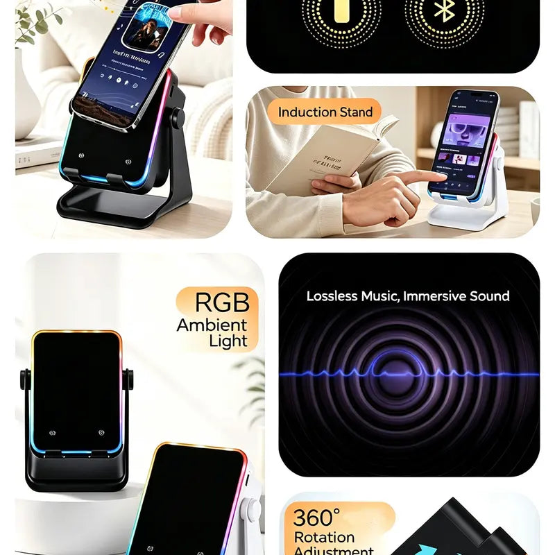 Wireless Induction Audio Speaker Stand with Automatic Smartphone Holder - 360° Stable Hold, Silicone Base, Induction Play, 3500Mah Rechargeable Emergency Power Bank, Color-Changing Ambient LED Light, Speaker Phone Holder Device for Camping, Father’S Day