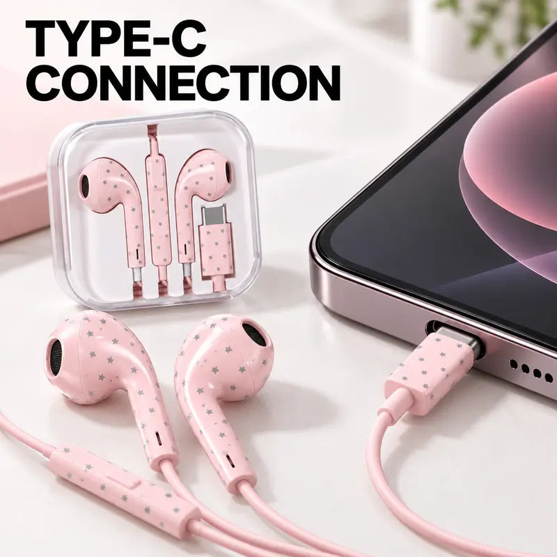 【Flash Sale】Star Pattern Wired Earbuds, USB-C In-Ear Headphones with Mic, Inline Remote & Volume Control, Cute Star Print Earphones for Women Teens Girls, Stylish Earbuds for Music, Calls, Gaming, Halloween & Christmas Gifts