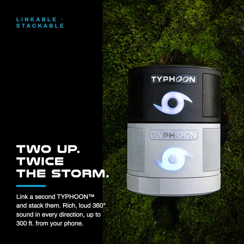 TYPHOON Tumbler Speaker, Portable Bluetooth 5.0 Wireless Speaker, IPX67 Waterproof, Dual 4W Drivers, 6-8H Playtime, USB-C Rechargeable, LED Light, Built-In Mic, TWS Stereo Pairing, Black & White
