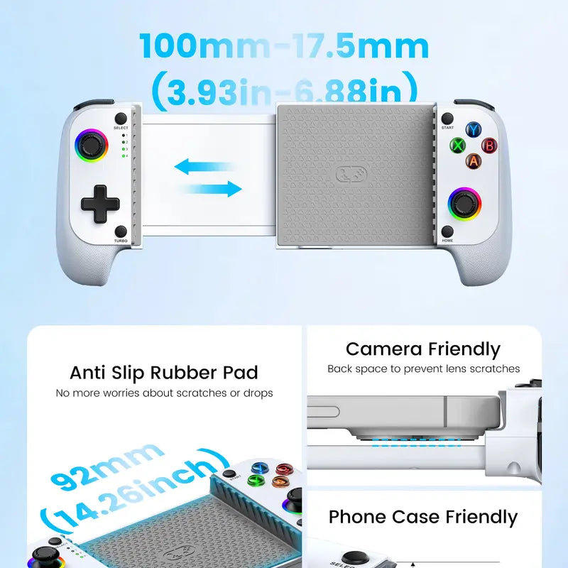 Adjustable Rechargeable Wireless Mobile Gaming Controller for Iphone/Android (100-175Mm) - Charging Game Peripheral with Phone Case Support, Hall Effect Joystick, Turbo, Low Latency Bluetooth, Customizable Design - Perfect Gift for Device Users