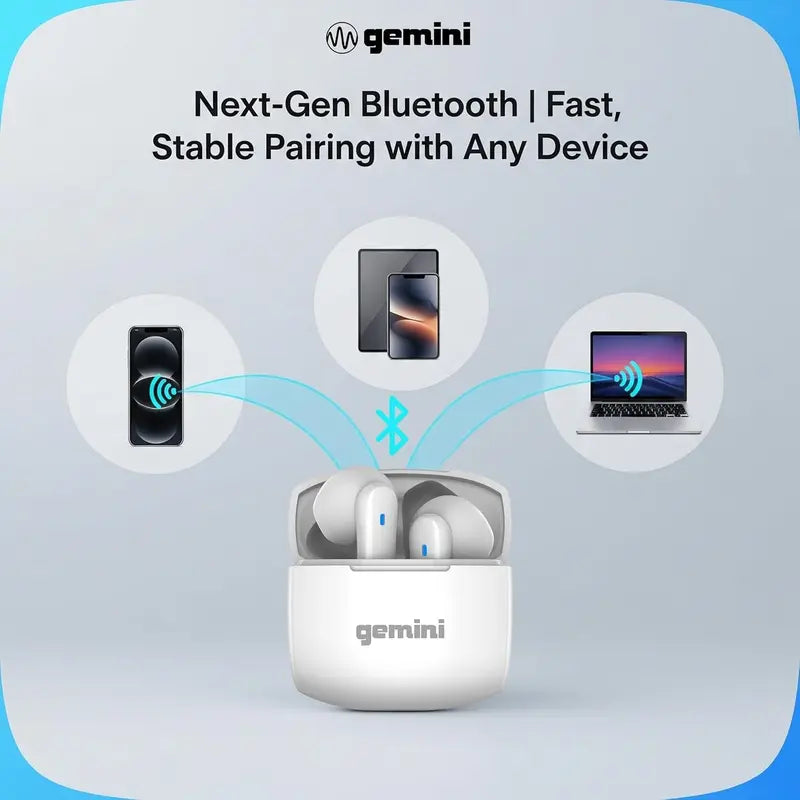 Gemini Sound GEBX-100 True Wireless Earbuds Bluetooth 5.4 with Charging Case High-Quality Sound Low-Profile Fit for Creators Commuters and Gamers