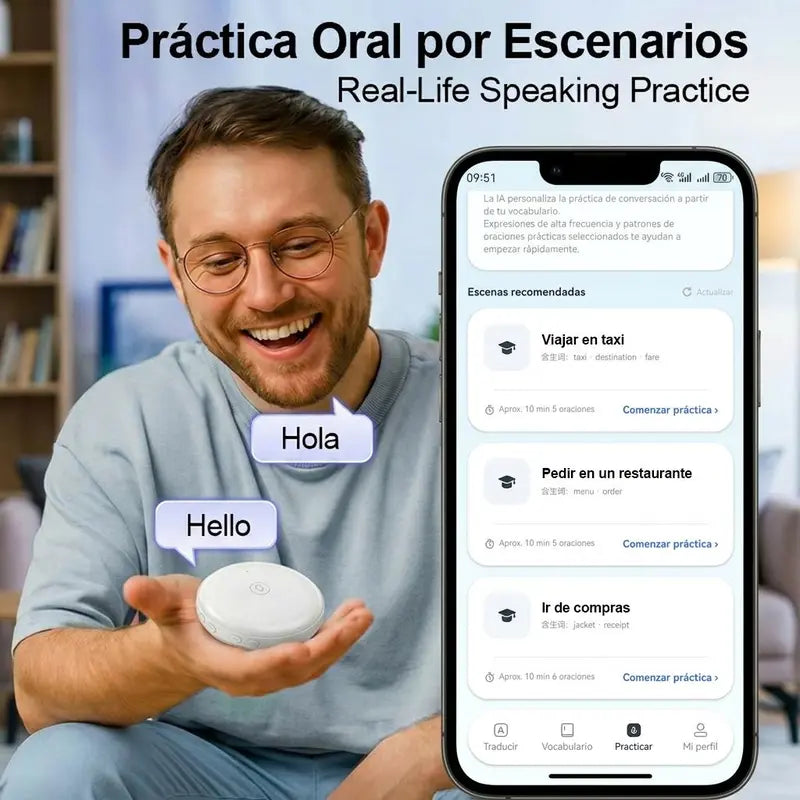 Wearable Instant Portable Electronic Learning Device - Compact Wireless Bluetooth AI Language Translator, 165-Language Tool, Spanish-English Practice Tutor, Accent Help, Wireless Earbuds for Travel & Daily Use