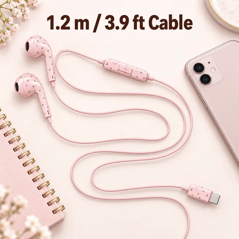 【Flash Sale】Star Pattern Wired Earbuds, USB-C In-Ear Headphones with Mic, Inline Remote & Volume Control, Cute Star Print Earphones for Women Teens Girls, Stylish Earbuds for Music, Calls, Gaming, Halloween & Christmas Gifts