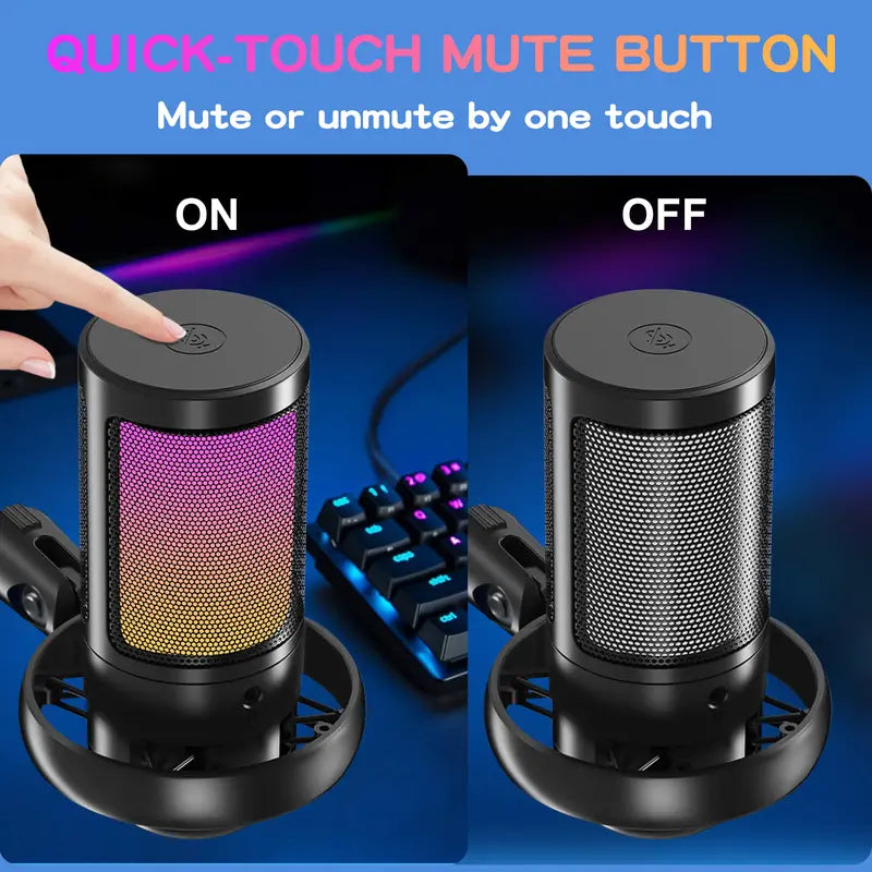 Kingsom USB Condenser Gaming Microphone Set - Adjustable Boom Arm, Pop Filter, Shock Mount, Gradient RGB Lighting, Quick Mute, Gain Control, High-Quality Audio, Noise Reduction, Cable for PC Gamers & Creators, Podcasting, Streaming