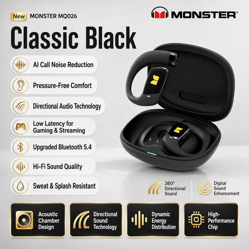 Monster Open Ear Wireless Audio Earbuds - Bluetooth 6.0 Headset with Ear Hooks, Detachable Neckband, 100H Playtime, ENC Calls, Low Latency, Noise Reduction, Secure Comfortable Fit for Running, Gym, Daily Use - Stable Connection - Tiktokshopbacktoschool