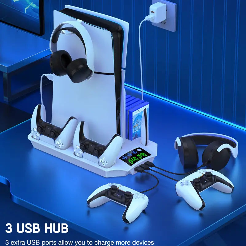 Multifunctional PS5 Slim Stand - Cooling Station, Controller Charging Station, Headset Holder, 13 Game Slots for Slim/Pro/Disc&Digital Consoles | Gaming Accessories, Ps5 Controller