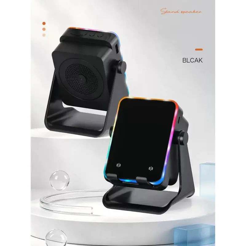 Wireless Induction Audio Speaker Stand with Automatic Smartphone Holder - 360° Stable Hold, Silicone Base, Induction Play, 3500Mah Rechargeable Emergency Power Bank, Color-Changing Ambient LED Light, Speaker Phone Holder Device for Camping, Father’S Day