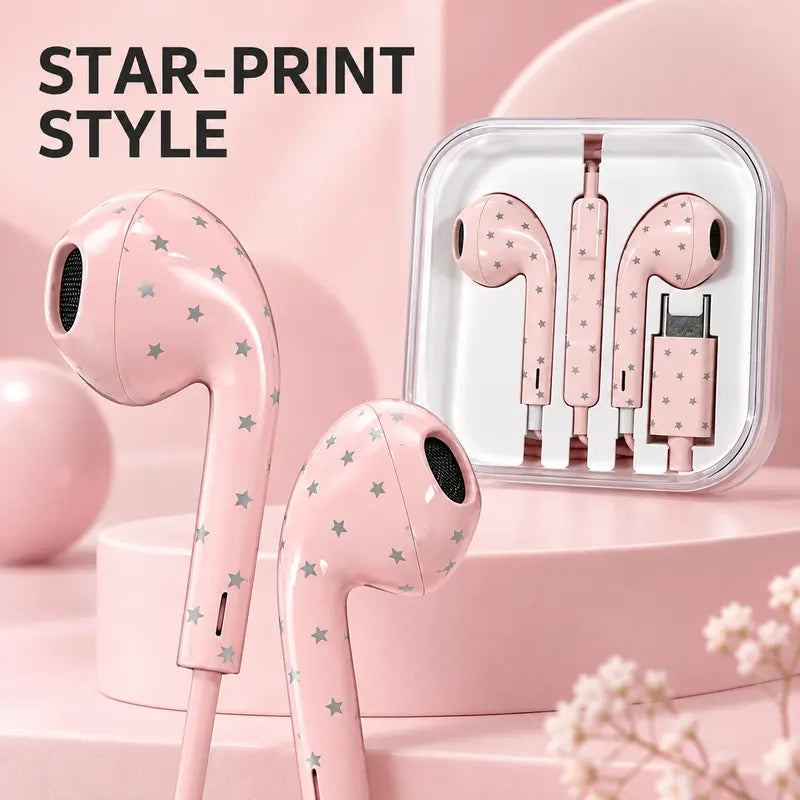 Star & Polka Dot USB-C Wired Earbuds, for Iphone 18 Pro Max, Iphone 18 Duo, Cute Semi-In-Ear Headphones with Microphone & Portable Metal Storage Case, Heavy Bass Earphones with Girly Aesthetic Design for Music, Calls, Gaming & Everyday Use