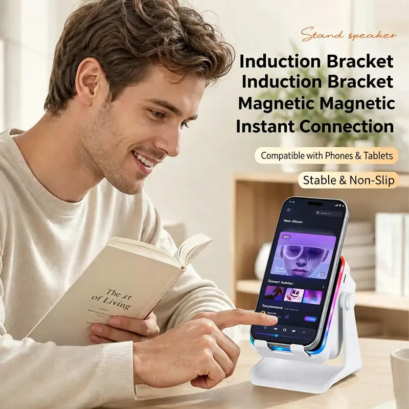 Wireless Induction Audio Speaker Stand with Automatic Smartphone Holder - 360° Stable Hold, Silicone Base, Induction Play, 3500Mah Rechargeable Emergency Power Bank, Color-Changing Ambient LED Light, Speaker Phone Holder Device for Camping, Father’S Day