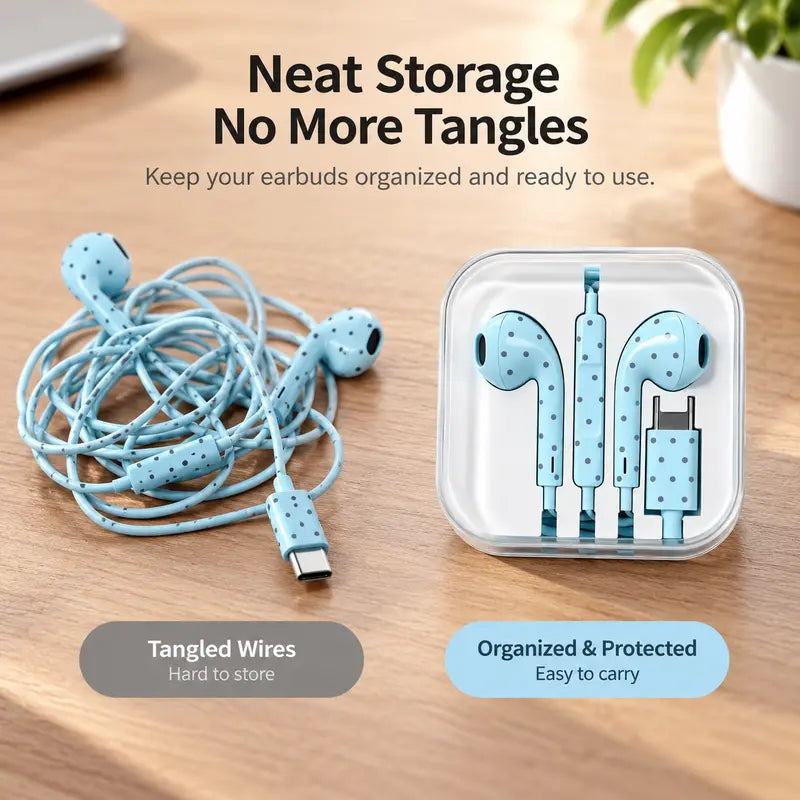 Star & Polka Dot USB-C Wired Earbuds, for Iphone 18 Pro Max, Iphone 18 Duo, Cute Semi-In-Ear Headphones with Microphone & Portable Metal Storage Case, Heavy Bass Earphones with Girly Aesthetic Design for Music, Calls, Gaming & Everyday Use