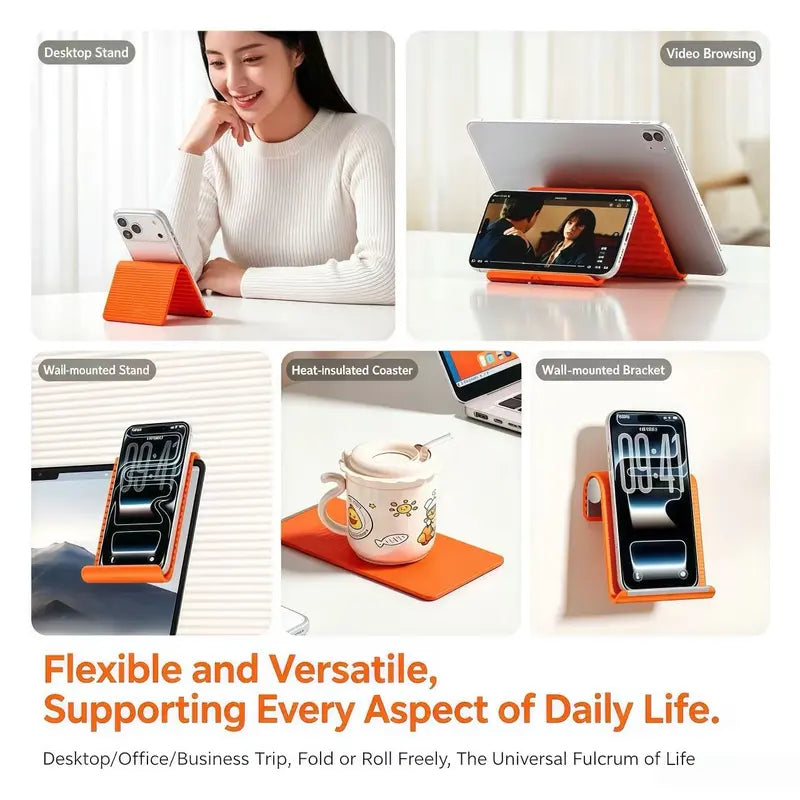 Adjustable Mobile Cellphone Stand - Durable Silicone-Aluminum Adjustable Clamp, 110G Compact Folding, Non-Slip Mount, Ribbed Grip, Ergonomic Portable TPU Hands-Free Desktop Accessory for Phones, Laptops, Devices (Home Office)