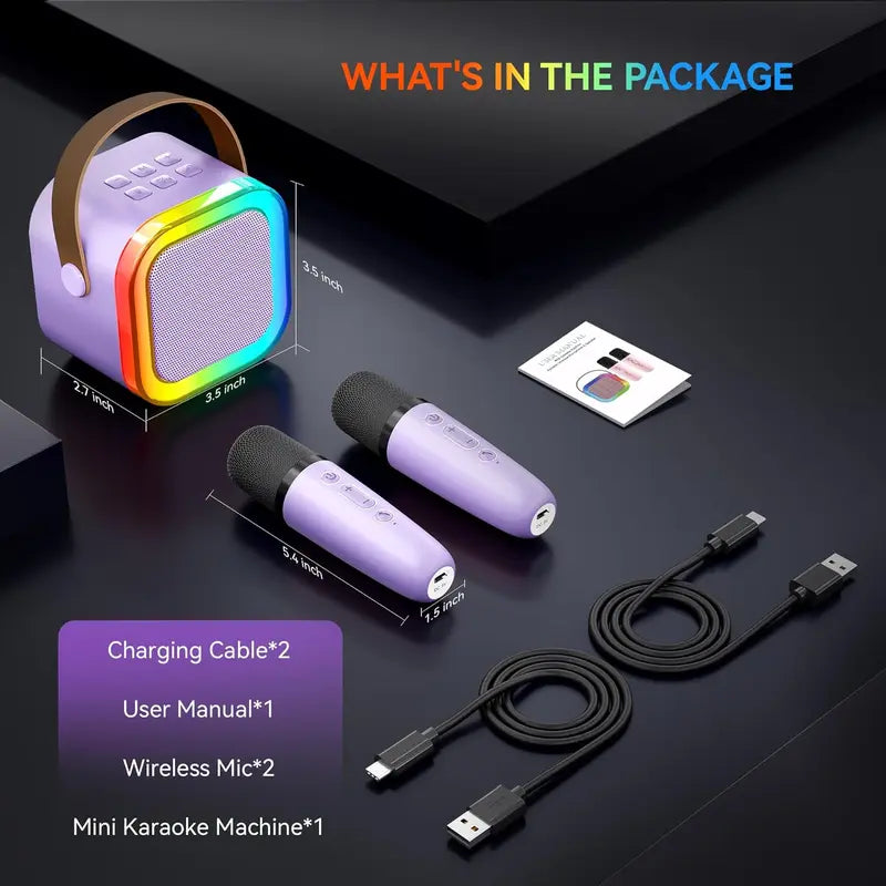 Portable Mini Karaoke Machine with 2 Wireless Microphones, Rechargeable Bluetooth Speaker with LED Lights, Portable Karaoke System for Family Gatherings, Birthday Party, Kids Gift Ages 3-14