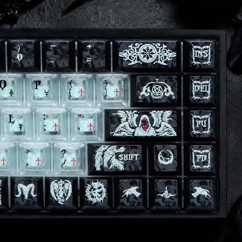Fallen Angels Series Dark Angel Fiber Texture Keycap Set, PC Translucent Black-White 2-Tone Aesthetic Design, Mechanical Keyboard Accessory, Keycaps Only, Keycap Design