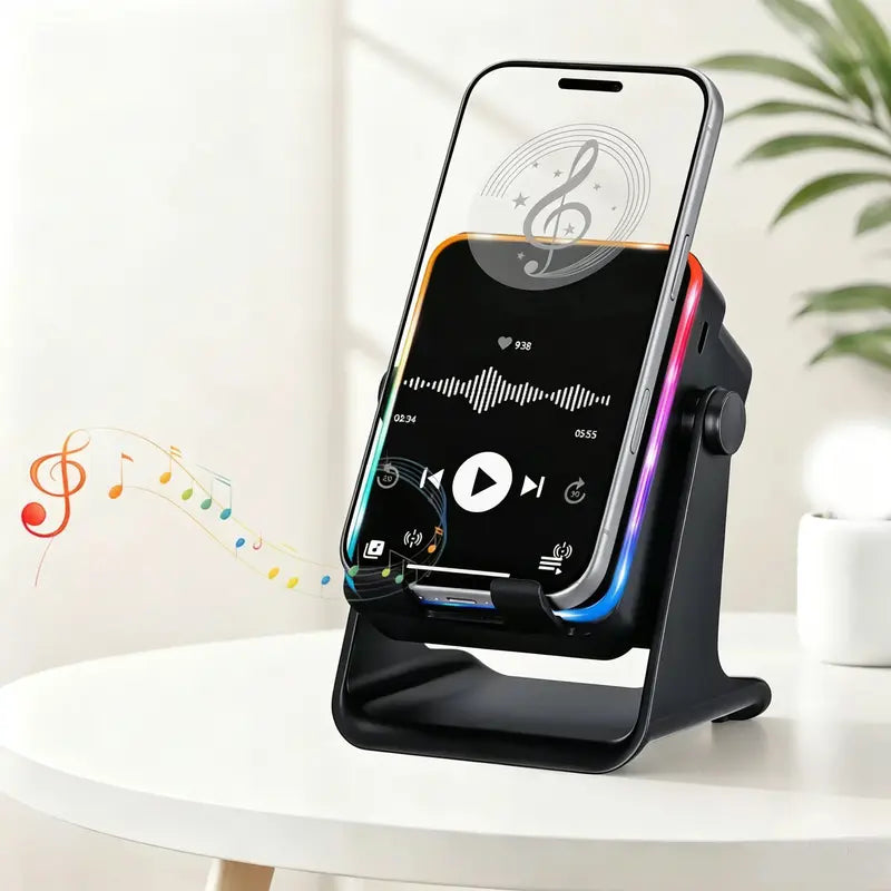 Wireless Induction Audio Speaker Stand with Automatic Smartphone Holder - 360° Stable Hold, Silicone Base, Induction Play, 3500Mah Rechargeable Emergency Power Bank, Color-Changing Ambient LED Light, Speaker Phone Holder Device for Camping, Father’S Day