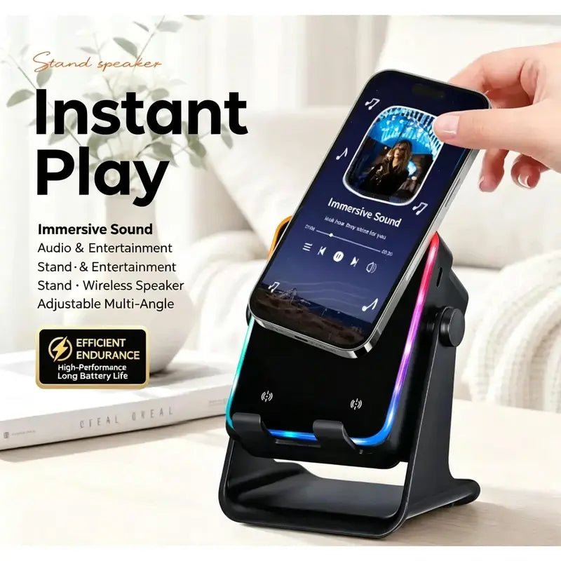 Wireless Induction Audio Speaker Stand with Automatic Smartphone Holder - 360° Stable Hold, Silicone Base, Induction Play, 3500Mah Rechargeable Emergency Power Bank, Color-Changing Ambient LED Light, Speaker Phone Holder Device for Camping, Father’S Day