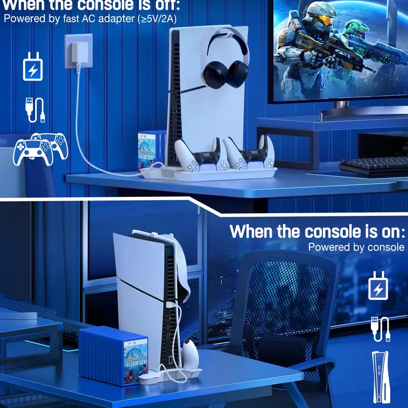 Multifunctional PS5 Slim Stand - Cooling Station, Controller Charging Station, Headset Holder, 13 Game Slots for Slim/Pro/Disc&Digital Consoles | Gaming Accessories, Ps5 Controller