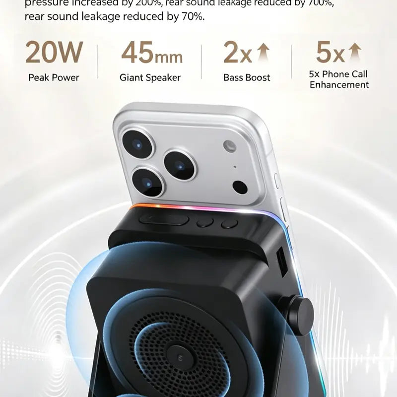 Wireless Induction Audio Speaker Stand with Automatic Smartphone Holder - 360° Stable Hold, Silicone Base, Induction Play, 3500Mah Rechargeable Emergency Power Bank, Color-Changing Ambient LED Light, Speaker Phone Holder Device for Camping, Father’S Day