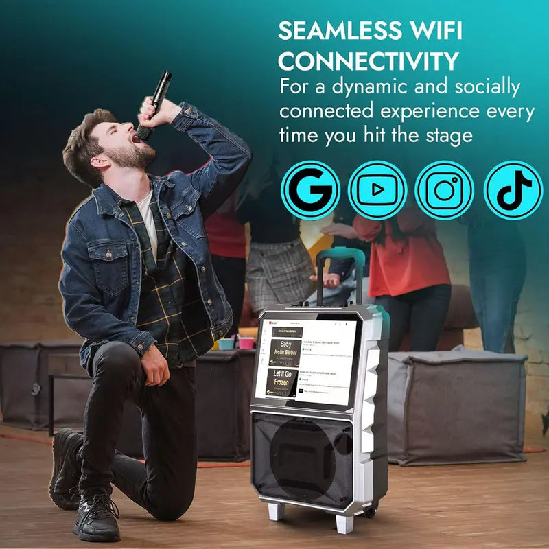 Portable Wi-Fi+Bt Loud Audio Speaker System - 8In Woofer, 2-Way Dual Channel, 100W Loud Output, 14.1In Touchscreen Android/Ios Tablet DJ Sound Box, Smartphone-Compatible Music Party LCD Speaker