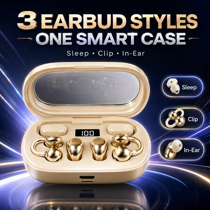 Multi-Style 3-In-1 Chargeable Wireless Earbuds Bluetooth 6.0, Clip-On Open Ear/In-Ear/Sleep Headset, Smart LED Battery Display Charging Case, Hi-Fi Stereo, ENC Distinct Calls, Lightweight for Running, Gym,Techvibes