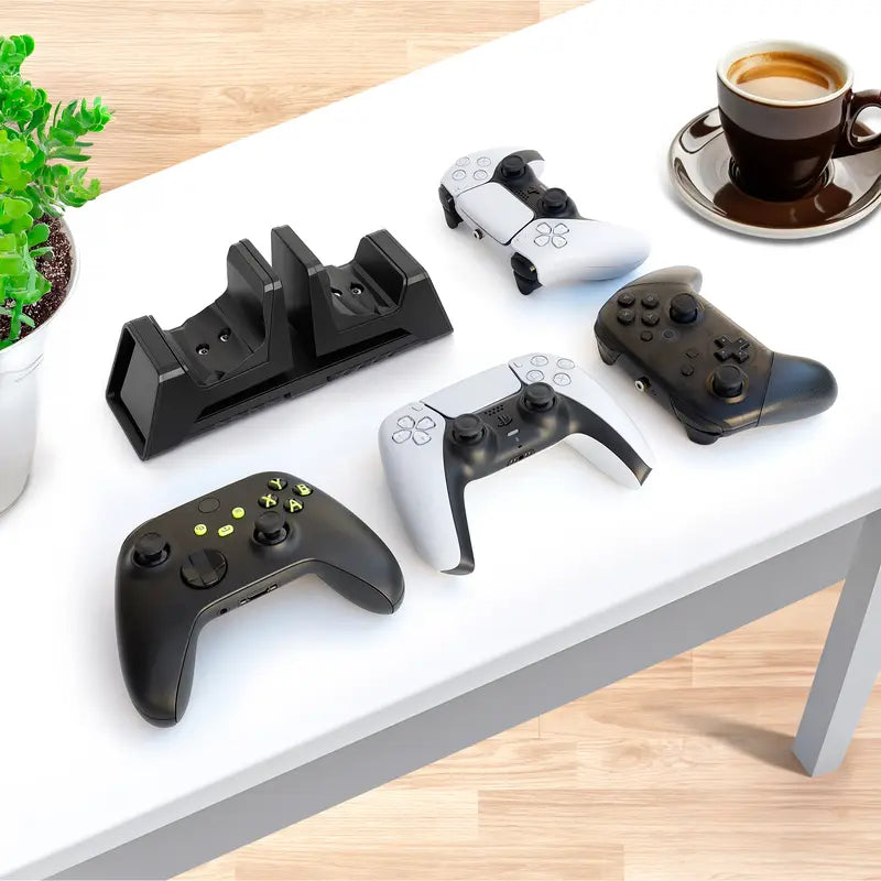 Ghost Gear Dual Charging Stand & Headphone Holder - Wireless Magnetic Induction Accessories for Xbox Series X/1, PS5/4, Switch Pro Controllers, Includes Rechargeable Battery Pack & Console Cable