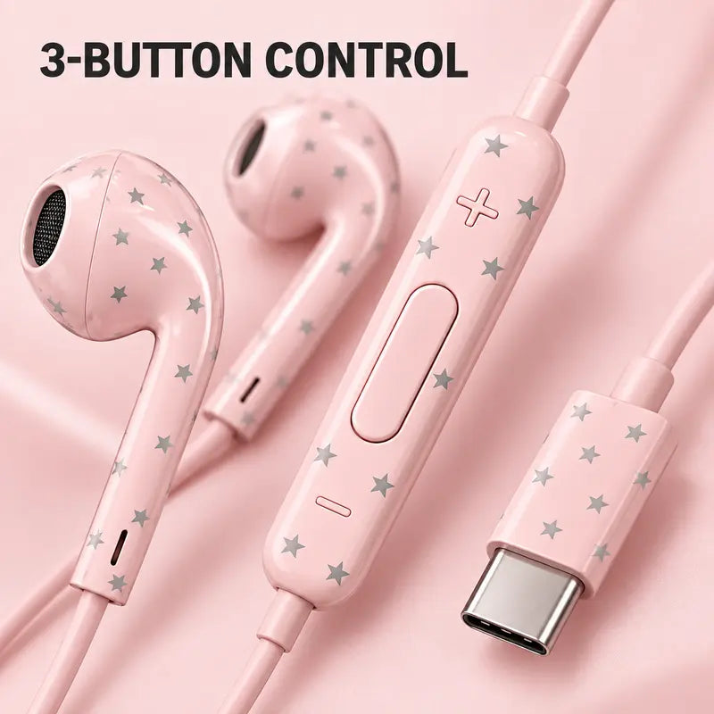 【Flash Sale】Star Pattern Wired Earbuds, USB-C In-Ear Headphones with Mic, Inline Remote & Volume Control, Cute Star Print Earphones for Women Teens Girls, Stylish Earbuds for Music, Calls, Gaming, Halloween & Christmas Gifts