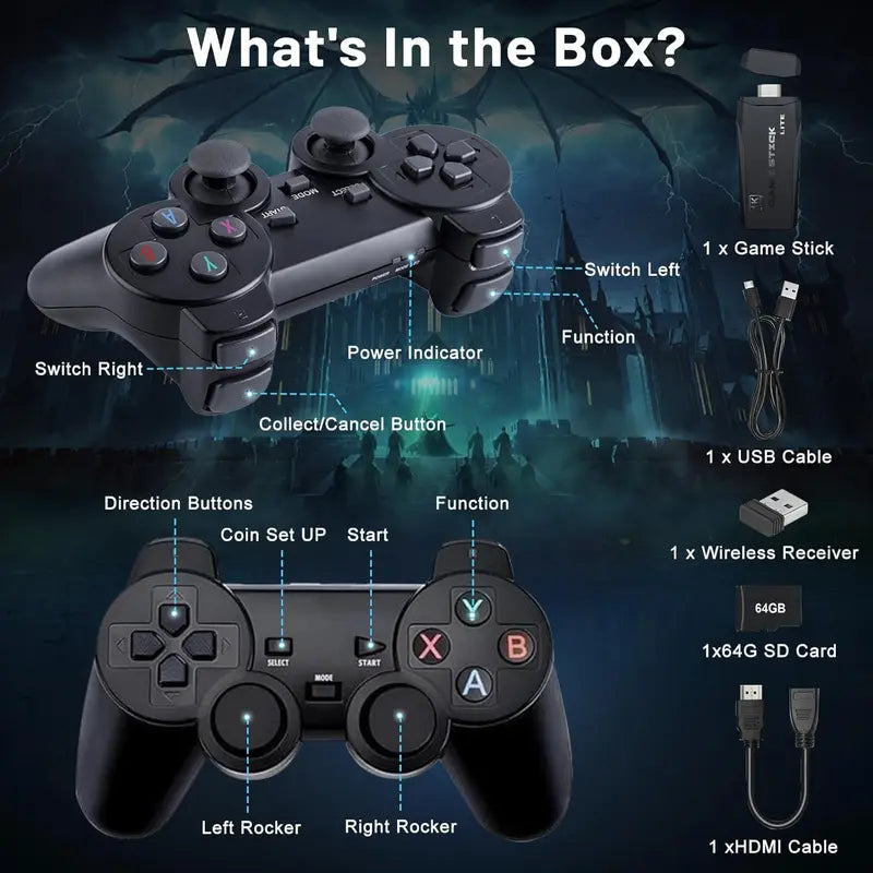 M8 PRO Retro Wireless Gaming Console - 64GB TV Video Game Stick, Compact Powerful Plug-And-Play, 9 Classic Emulators, 4K HDMI Output, 2.4Ghz Wireless Gamepad, Seamless Gameplay, Television Casual Home Games Console, Halloween Gift