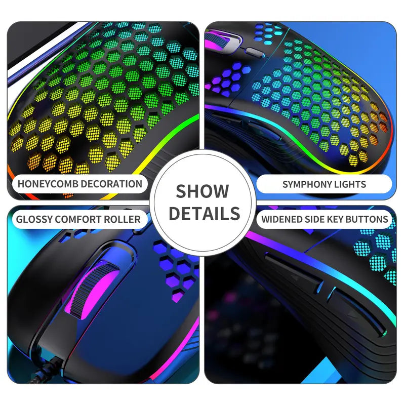 White Honeycomb Wired Gaming Desktop Mouse - Adjustable High-Dpi 7200 RGB Optical Mouse, 20G Ultra-Lightweight, Ergonomic Breathable Hollow Shell, 6 Buttons, Color-Changing Lights, Left-Handed Compatible, 1.5M Cable for PC, Laptop, Mac,Techvibes