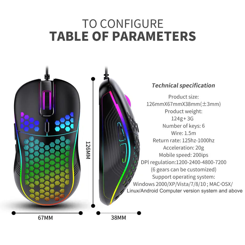 White Honeycomb Wired Gaming Desktop Mouse - Adjustable High-Dpi 7200 RGB Optical Mouse, 20G Ultra-Lightweight, Ergonomic Breathable Hollow Shell, 6 Buttons, Color-Changing Lights, Left-Handed Compatible, 1.5M Cable for PC, Laptop, Mac,Techvibes