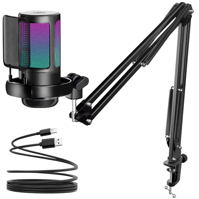 Kingsom USB Condenser Gaming Microphone Set - Adjustable Boom Arm, Pop Filter, Shock Mount, Gradient RGB Lighting, Quick Mute, Gain Control, High-Quality Audio, Noise Reduction, Cable for PC Gamers & Creators, Podcasting, Streaming