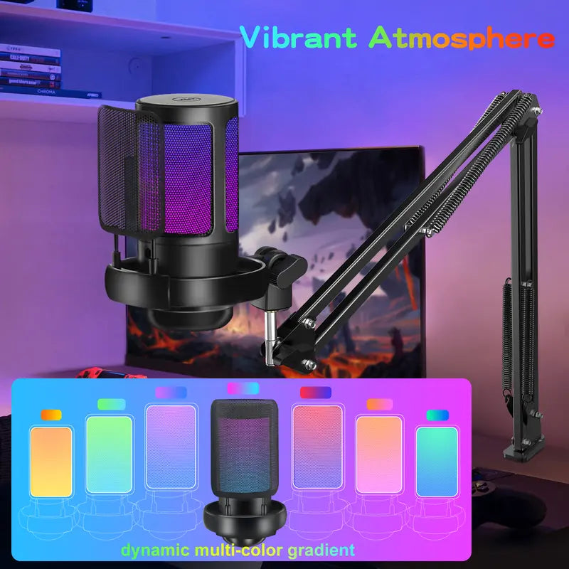 Kingsom USB Condenser Gaming Microphone Set - Adjustable Boom Arm, Pop Filter, Shock Mount, Gradient RGB Lighting, Quick Mute, Gain Control, High-Quality Audio, Noise Reduction, Cable for PC Gamers & Creators, Podcasting, Streaming