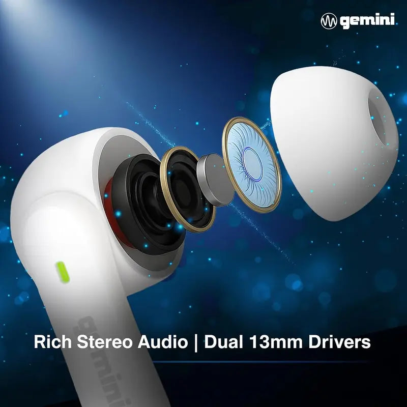 Gemini Sound GEBX-100 True Wireless Earbuds Bluetooth 5.4 with Charging Case High-Quality Sound Low-Profile Fit for Creators Commuters and Gamers