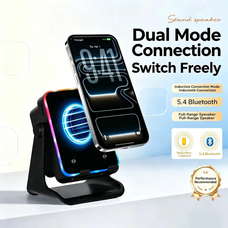 Wireless Induction Audio Speaker Stand with Automatic Smartphone Holder - 360° Stable Hold, Silicone Base, Induction Play, 3500Mah Rechargeable Emergency Power Bank, Color-Changing Ambient LED Light, Speaker Phone Holder Device for Camping, Father’S Day