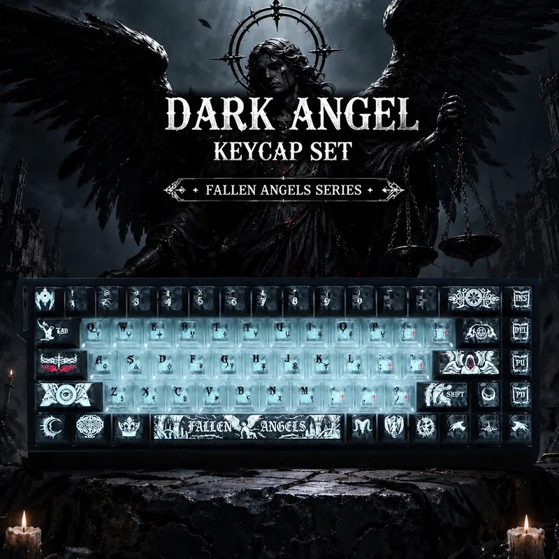Fallen Angels Series Dark Angel Fiber Texture Keycap Set, PC Translucent Black-White 2-Tone Aesthetic Design, Mechanical Keyboard Accessory, Keycaps Only, Keycap Design